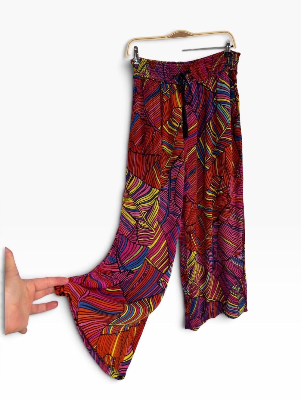 For The Republic Wide Leg Pants Large Neon Leaf Print Palazzo Drawstring Boho - Picture 3 of 6